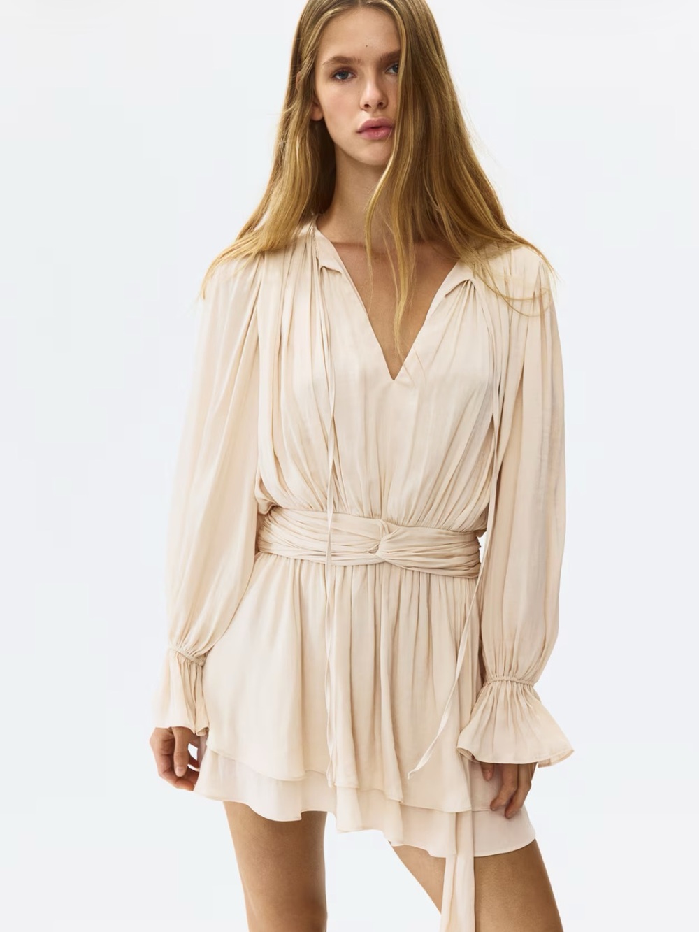 H&M NWT Long-Sleeve V-Neck Pleated Short Dress